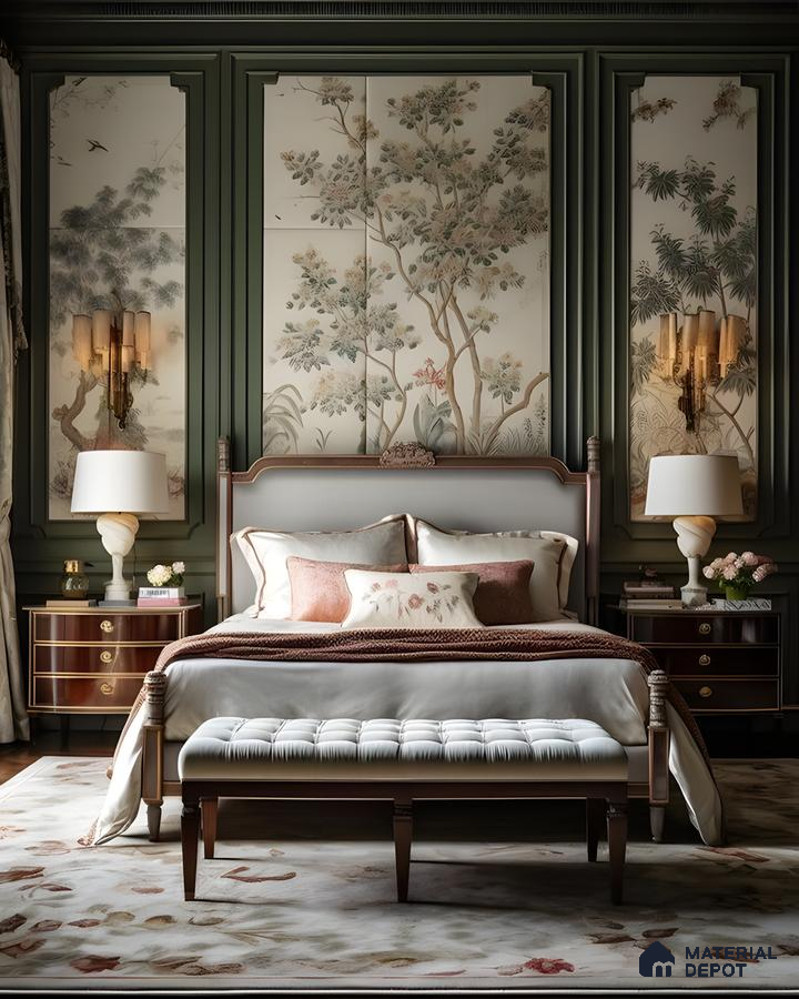 Luxurious Vintage Bedroom With Botanical Wall Panels And Classic Charm | Material Depot