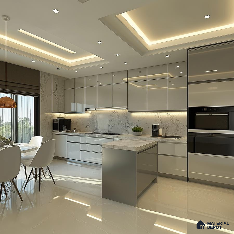 Luxurious White Marble Kitchen with Glossy Cabinets | Material Depot
