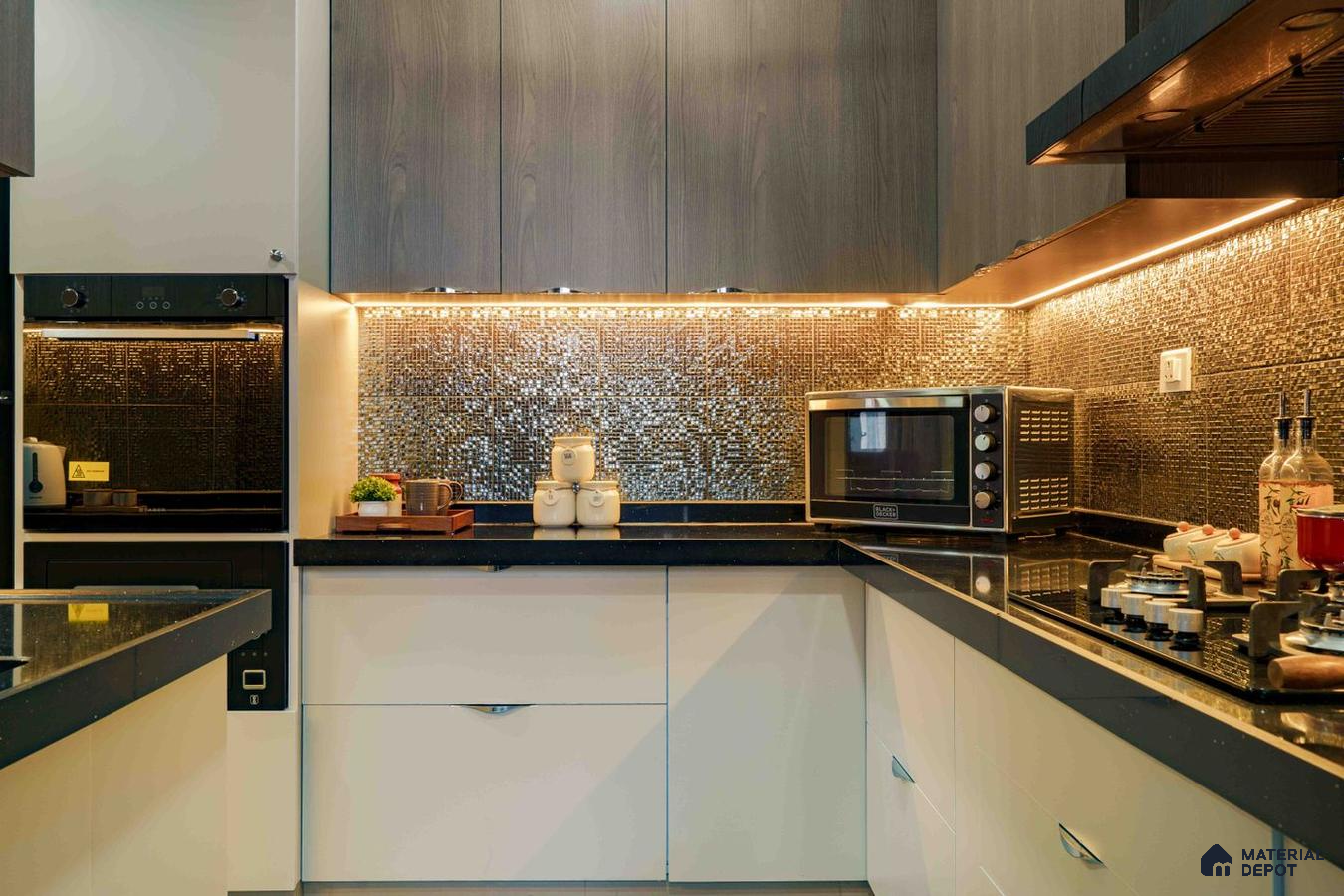 Luxurious vintage kitchen with L-shaped bar unit in a Mumbai 4 BHK flat.