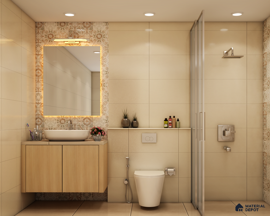 Luxurious beige bathroom with backlit mirror