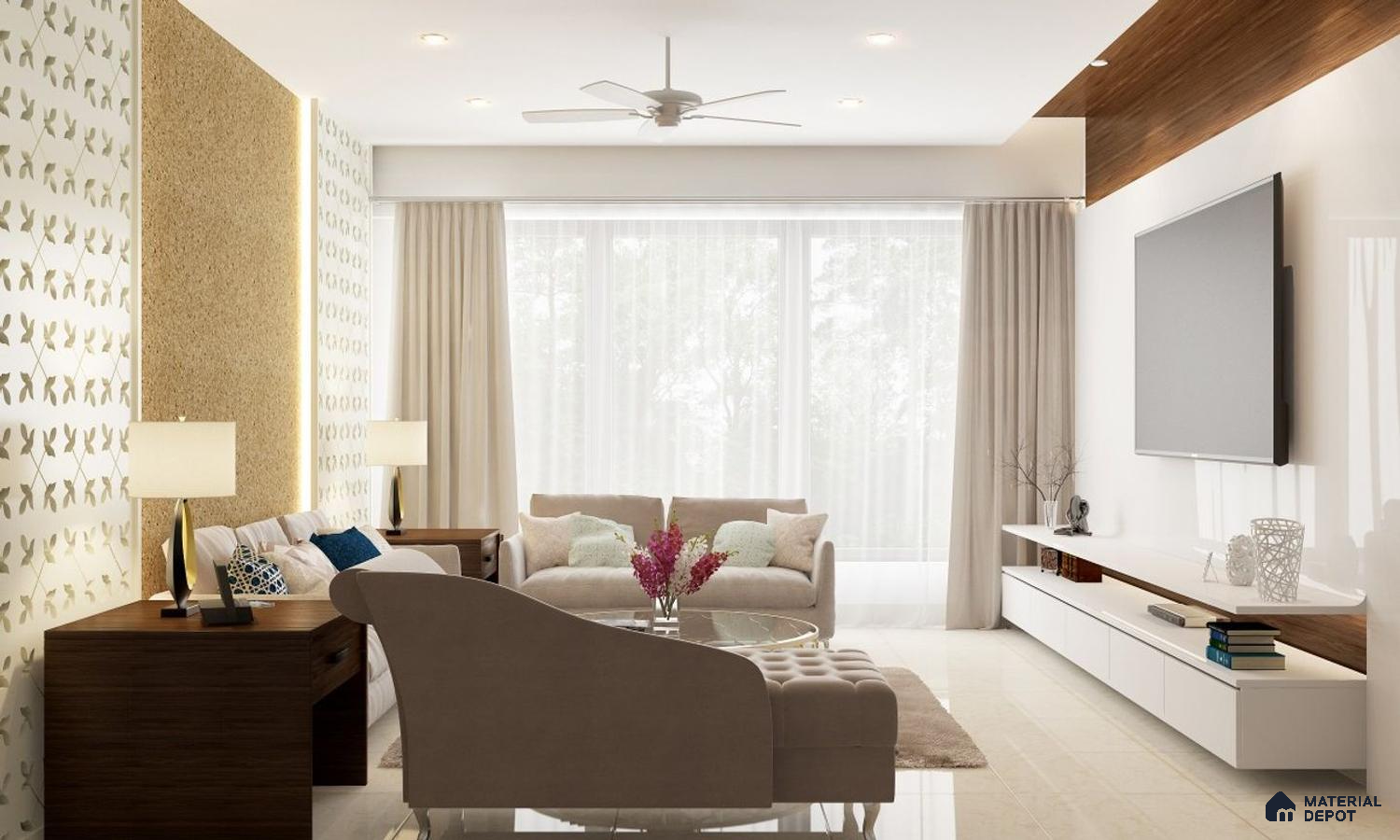Living room with marble tile floori and patterned wall