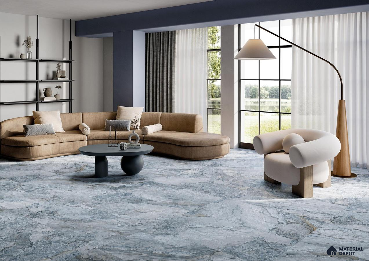 Living room with marble tile floor