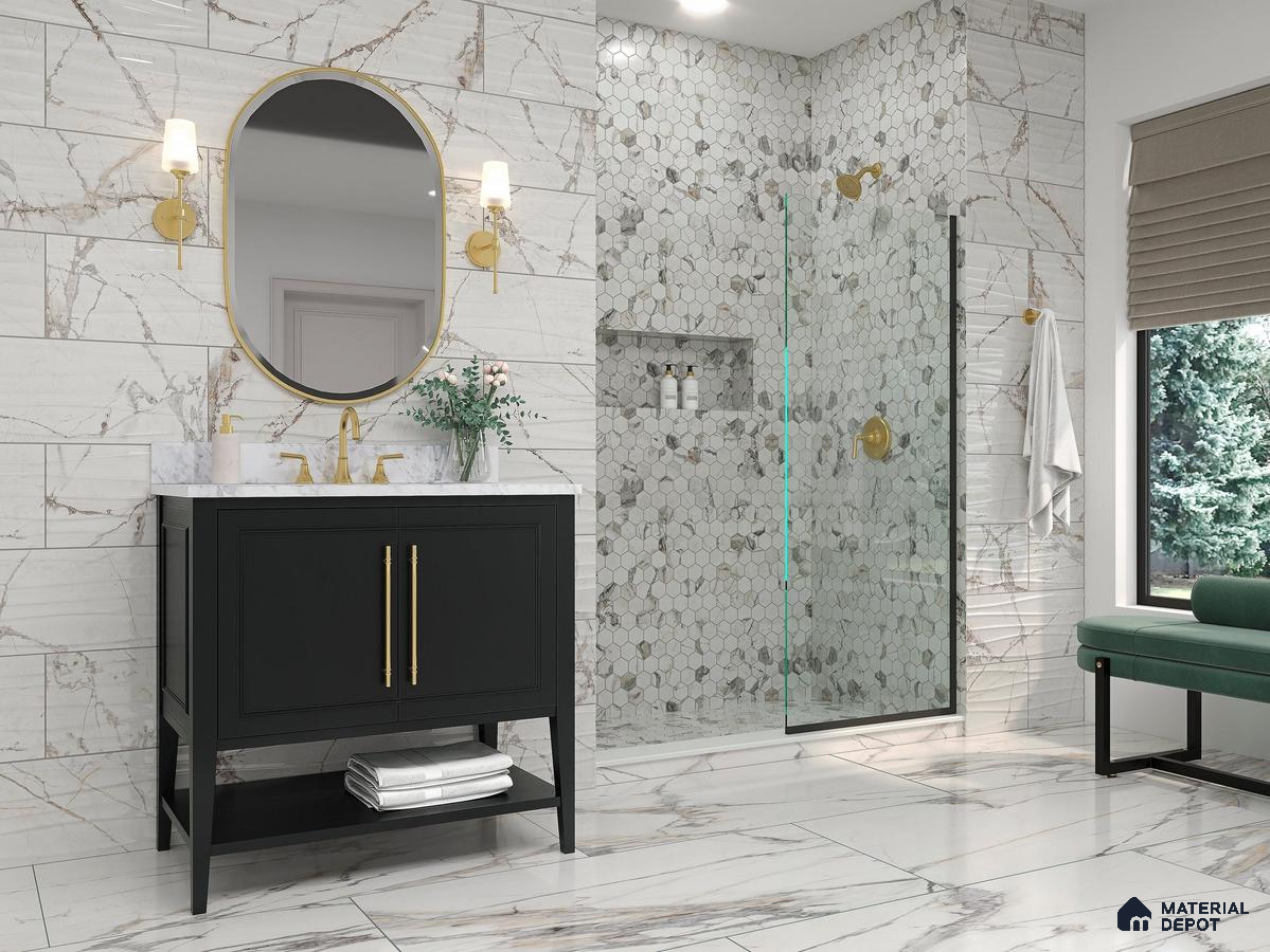 Bathroom with hexagonal tiles and marble floor