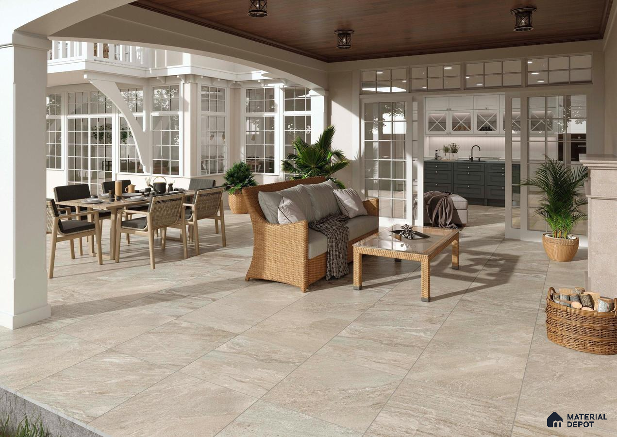 Outdoor area with grey marble tiles and beige laminate