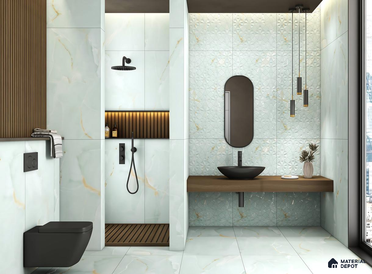 Luxury Bathroom with Aqua Marble Finish Tiles and 3D Geometric Accent Wall – Elegant & Modern Design | Material Depot