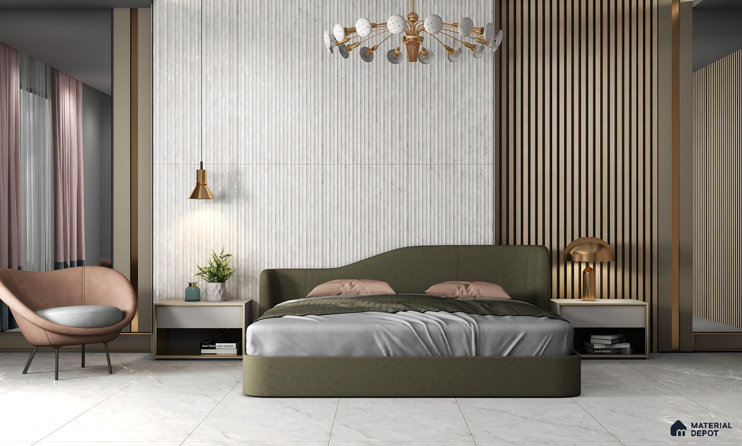 Luxury Bedroom with White Fluted Marble Accent Wall and Elegant Gold Details – Modern & Opulent Design | Material Depot