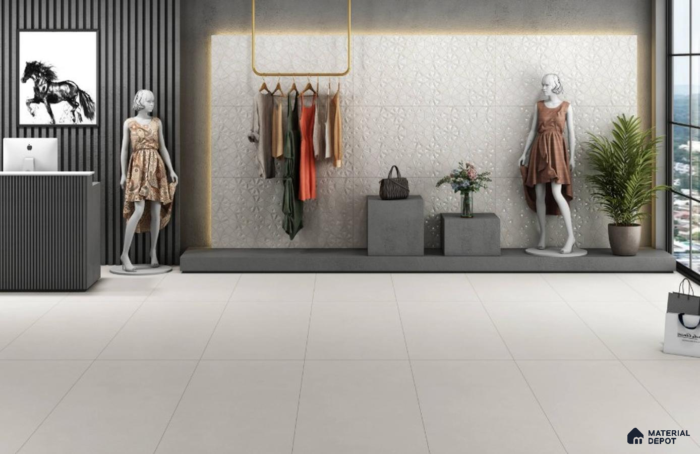 Luxury Boutique with White 3D Accent Wall and Modern Minimalist Interiors – Stylish & Sophisticated | Material Depot
