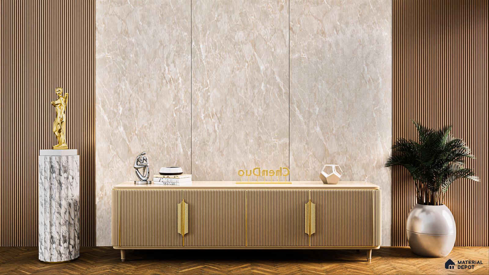 Luxury Console Setup with Fluted Panels and Marble Accents | Material Depot