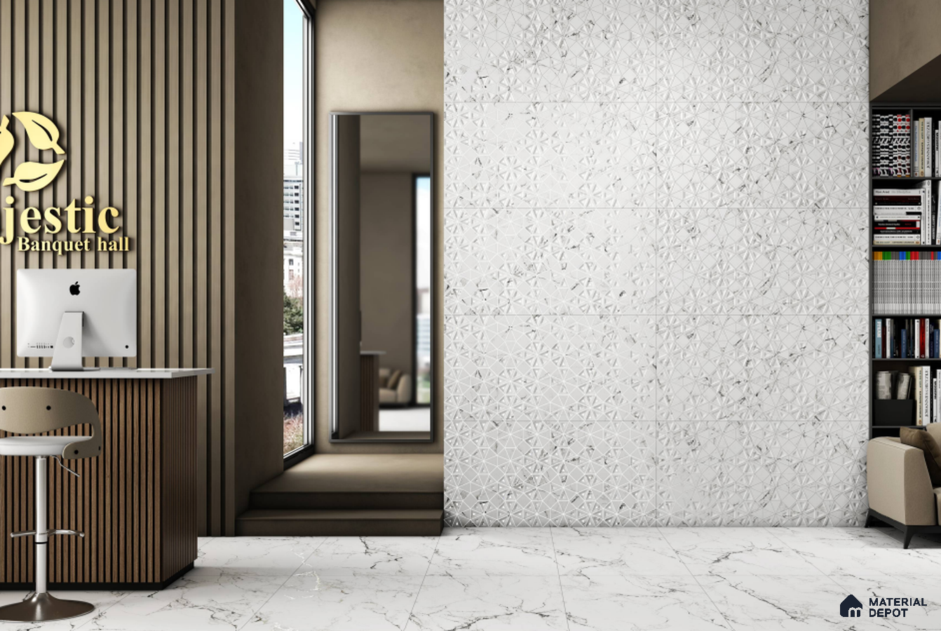 Luxury Hall with White 3D Marble Accent Wall and Fluted Wooden Panels – Elegant & Modern Design | Material Depot