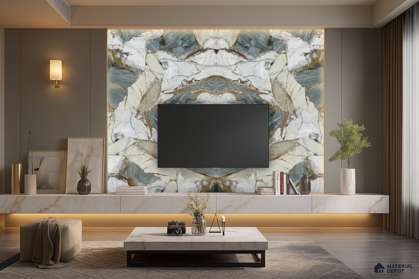 Dark Luxe Living Room with Black and Gold Marble TV Wall | Material Depot