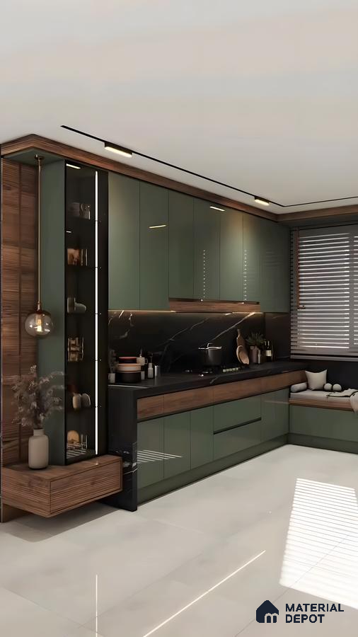 Luxury Modular Kitchen With Glossy Olive Green Cabinets, Black Marble Backsplash, And Warm Wood Accents | Material Depot