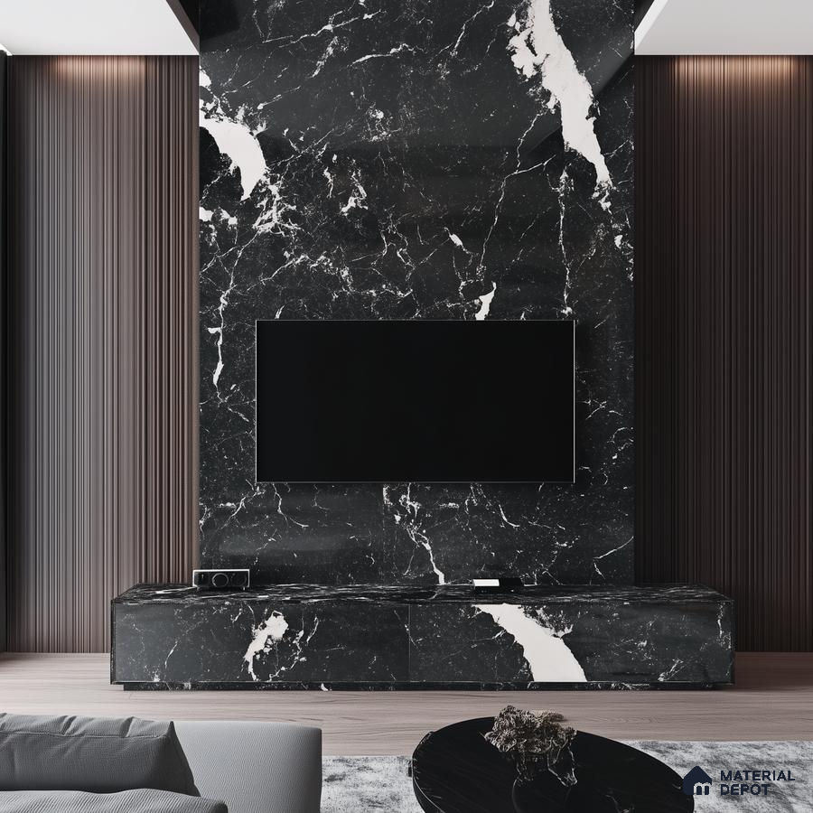 Luxury TV Unit With White Marble Laminate And Natural Wood Finishes | Material Depot