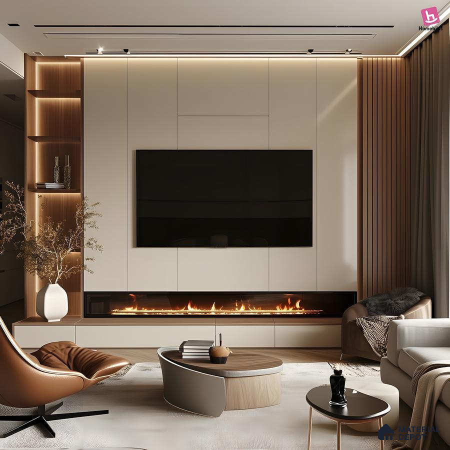 Luxury Tv Wall Design With Fluted Dark Panels And Integrated Marble Fireplace | Material Depot