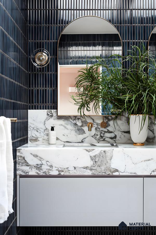 Marble and Navy Blue Bathroom Vanity with Vertical Subway Tiles | Material Depot
