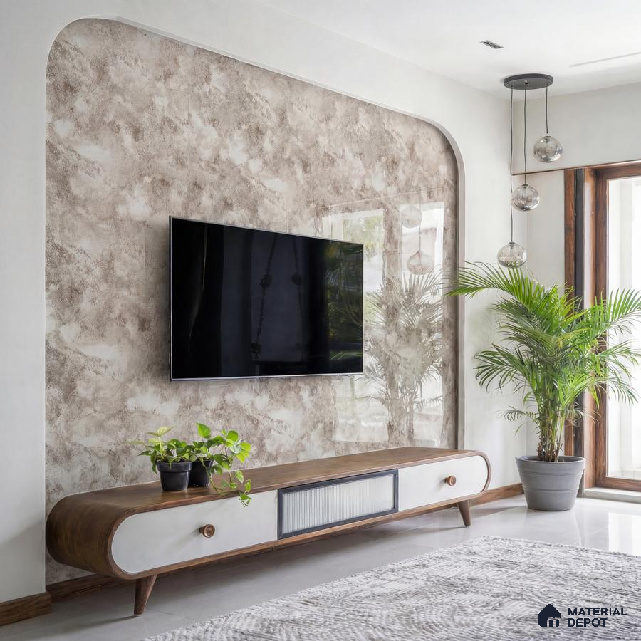 Modern living room with textured beige wall finish and walnut wood TV unit