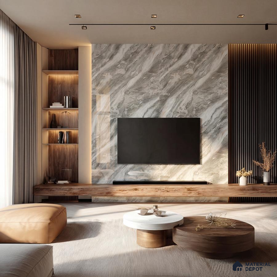 Modern living room with grey marble laminate TV wall, walnut wood louvers, and natural wood floating console