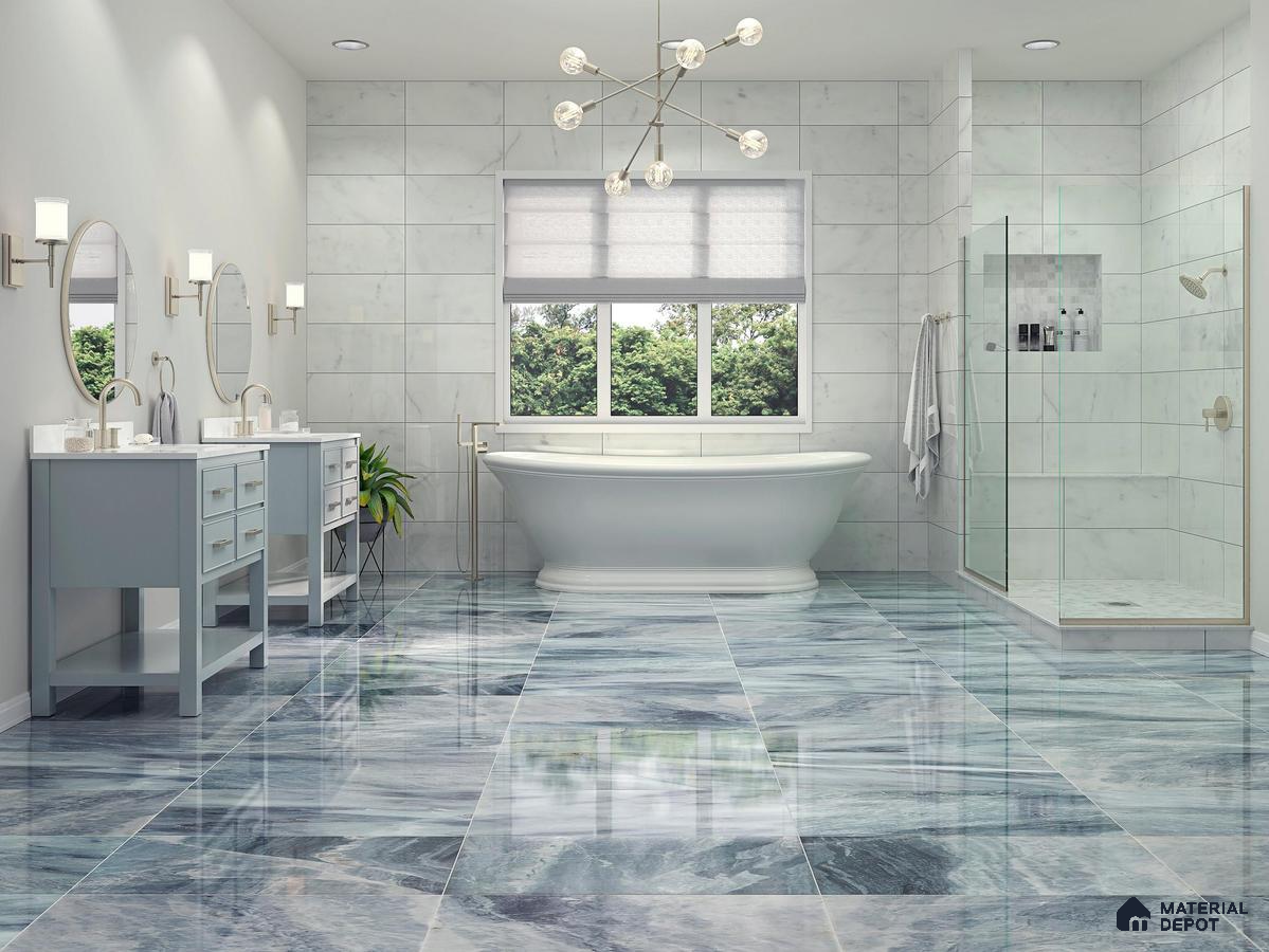 Bathroom with marble flooring and stone tiles
