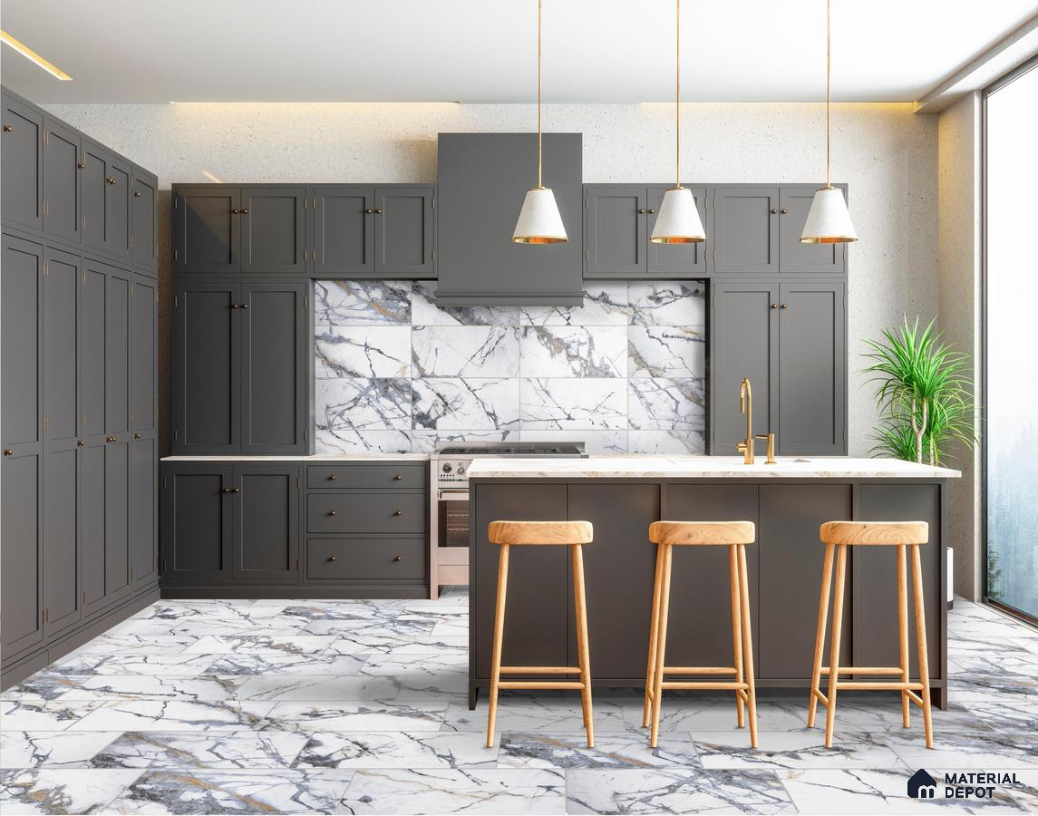 Kitchen with marble tile and grey laminate
