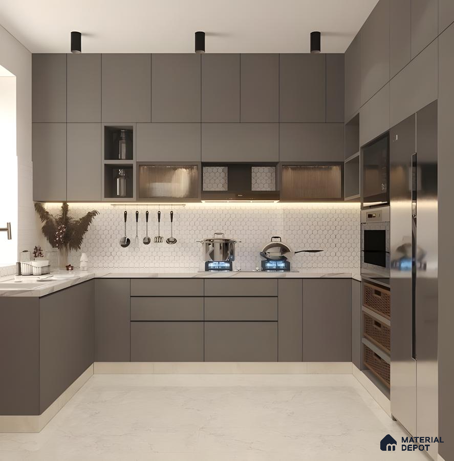 Matte Charcoal Kitchen With Warm Lighting And Honeycomb Backsplash | Material Depot