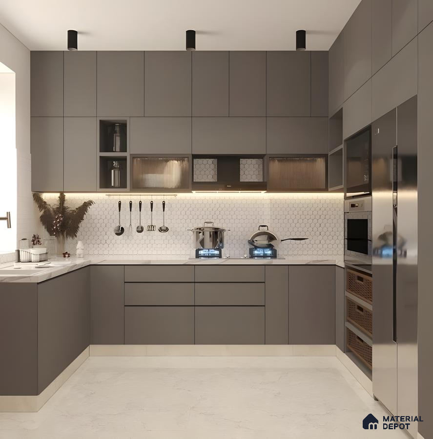 Matte Grey Modern Minimalist Kitchen With Quartz Top & Honeycomb Tiles In An Industrial-Inspired Finish | Material Depot