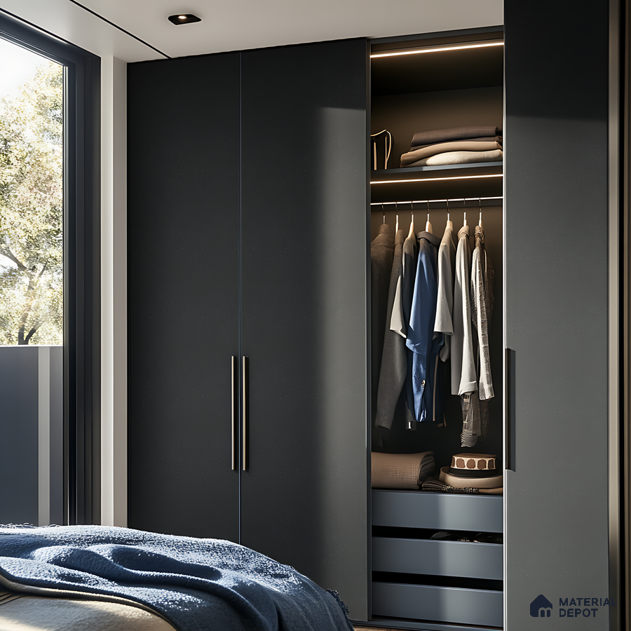Matte Slate Grey Wardrobe with Sleek Handles and Ambient Lighting | Material Depot