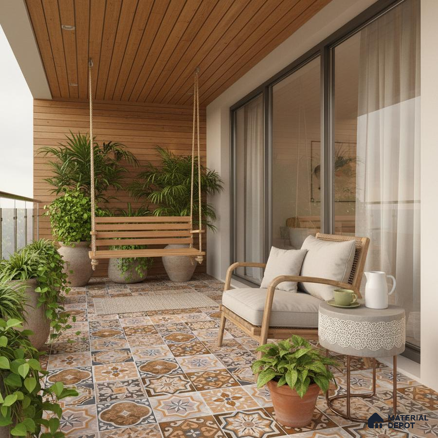 Mediterranean balcony with patterned moroccan floor tiles and natural wood ceiling panels
