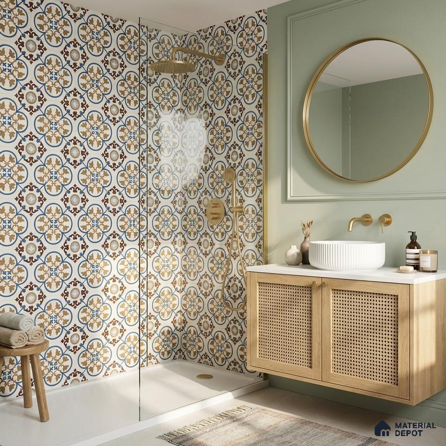 Mediterranean bathroom with patterned moroccan wall tiles and cane front vanity