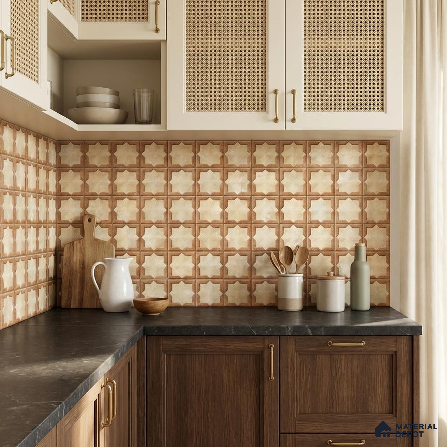 Mediterranean kitchen with beige patterned moroccan backsplash tile and dark wood laminate cabinets
