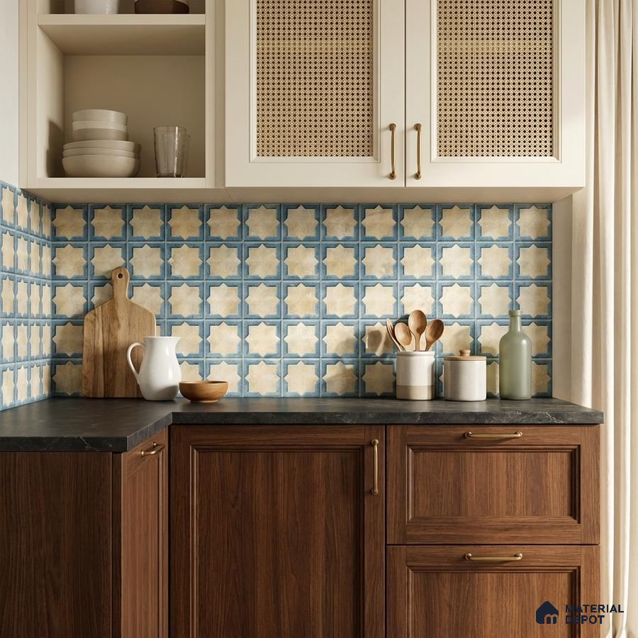 Mediterranean kitchen with blue and beige geometric moroccan backsplash tile and walnut wood laminate cabinets