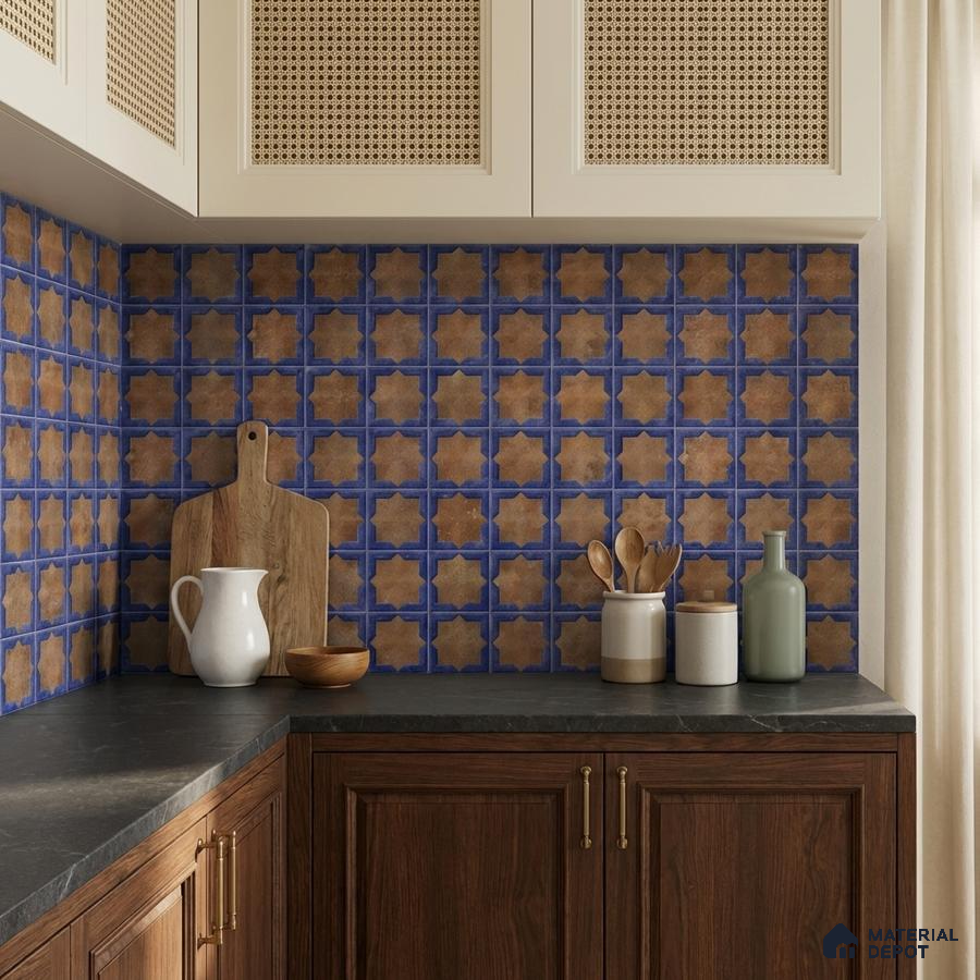 Mediterranean kitchen with blue and brown moroccan backsplash tile and dark wood cabinets