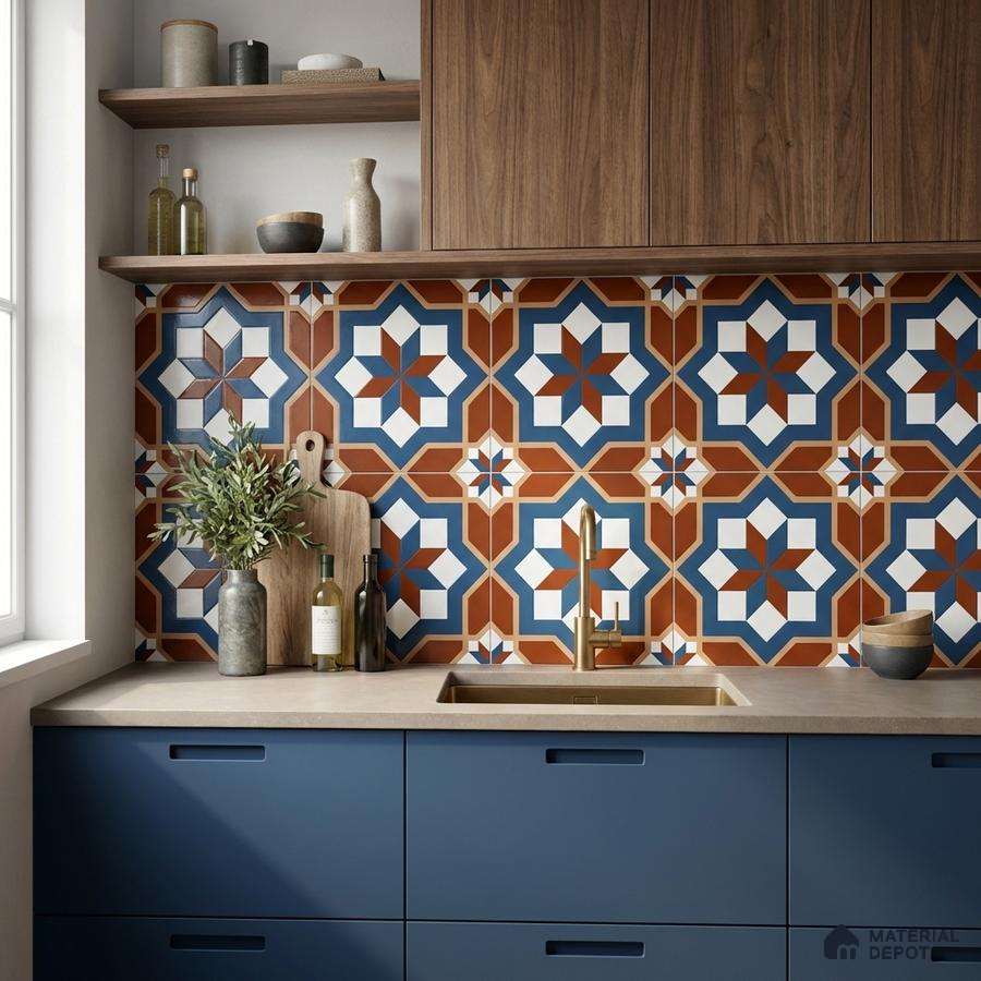 Mediterranean kitchen with blue laminate cabinets, walnut wood, and terracotta geometric patterned backsplash tiles