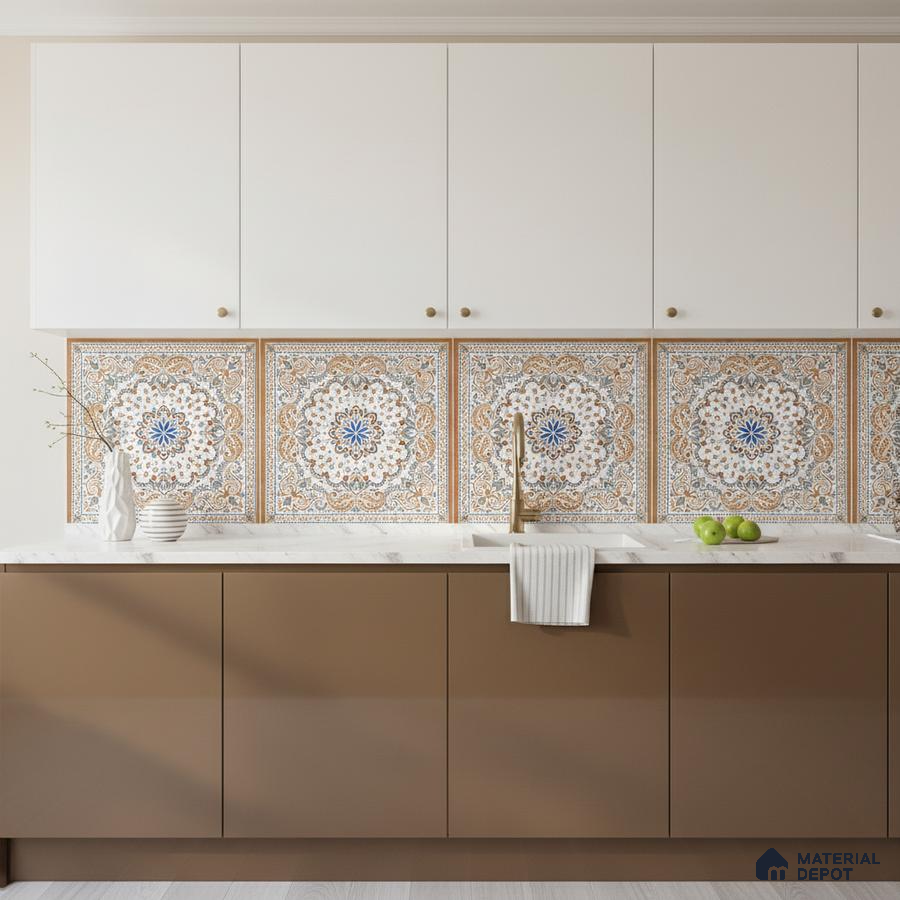 Mediterranean kitchen with patterned moroccan backsplash tile, white and taupe laminate cabinets, and white marble countertop in Bengaluru