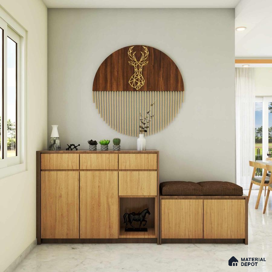 Stylish mid-modern foyer with golden accents, wooden fusion, and elegant design