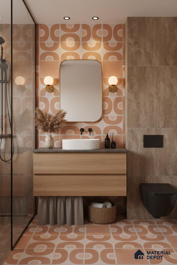 Mid-century modern bathroom with terracotta geometric patterned tiles and light oak vanity in Bengaluru | Material Depot