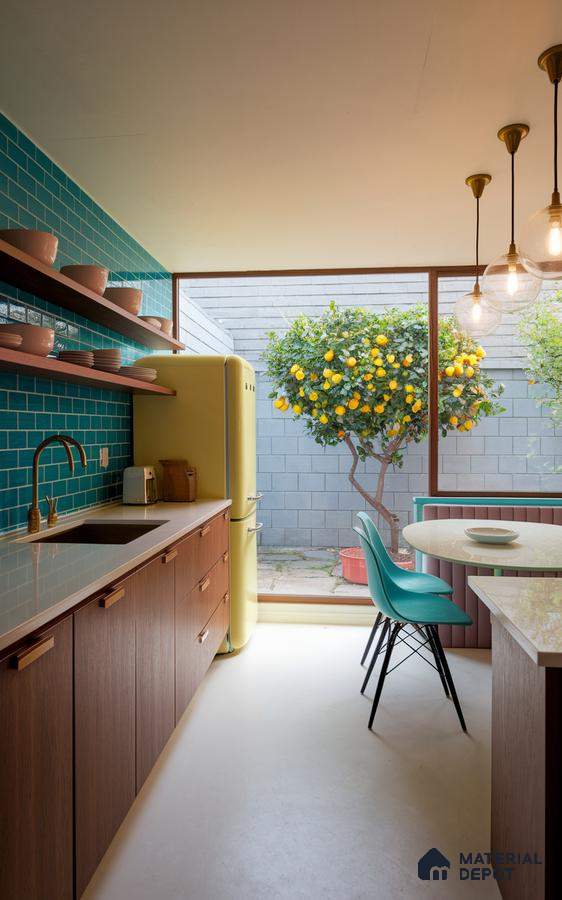 Mid-century modern kitchen with teal subway tile backsplash, walnut laminate cabinets, and white quartz countertop in Bengaluru | Material Depot