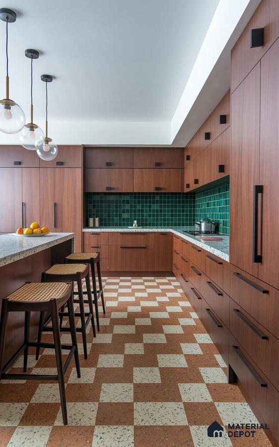 Mid-century modern kitchen with walnut wood laminate, green backsplash tile, and terrazzo checkerboard floor in Bengaluru | Material Depot