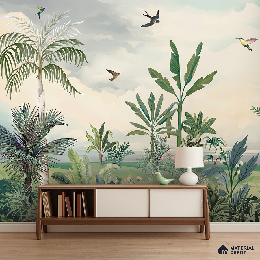 Mid-century modern living room with tropical wallpaper and walnut wood console in Bengaluru