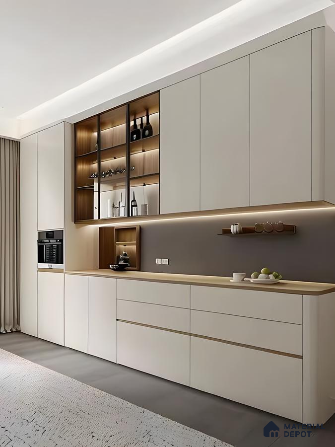 Minimal Beige Kitchen With Soft Wood Accents And Open Shelving | Material Depot