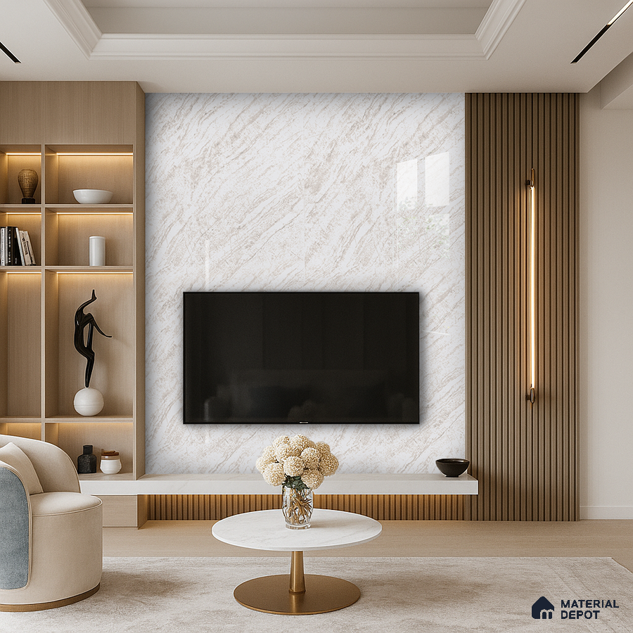 Elegant Living Room with Light Marble-Look Laminate TV Wall and Gold Accents | Material Depot