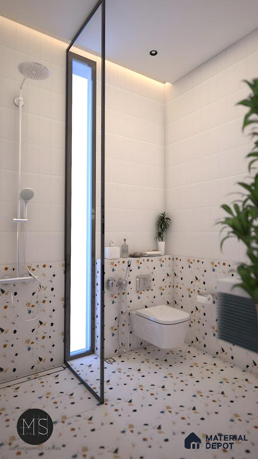 Minimal Terrazzo Bathroom With Soft Lighting And Vertical Layout | Material Depot
