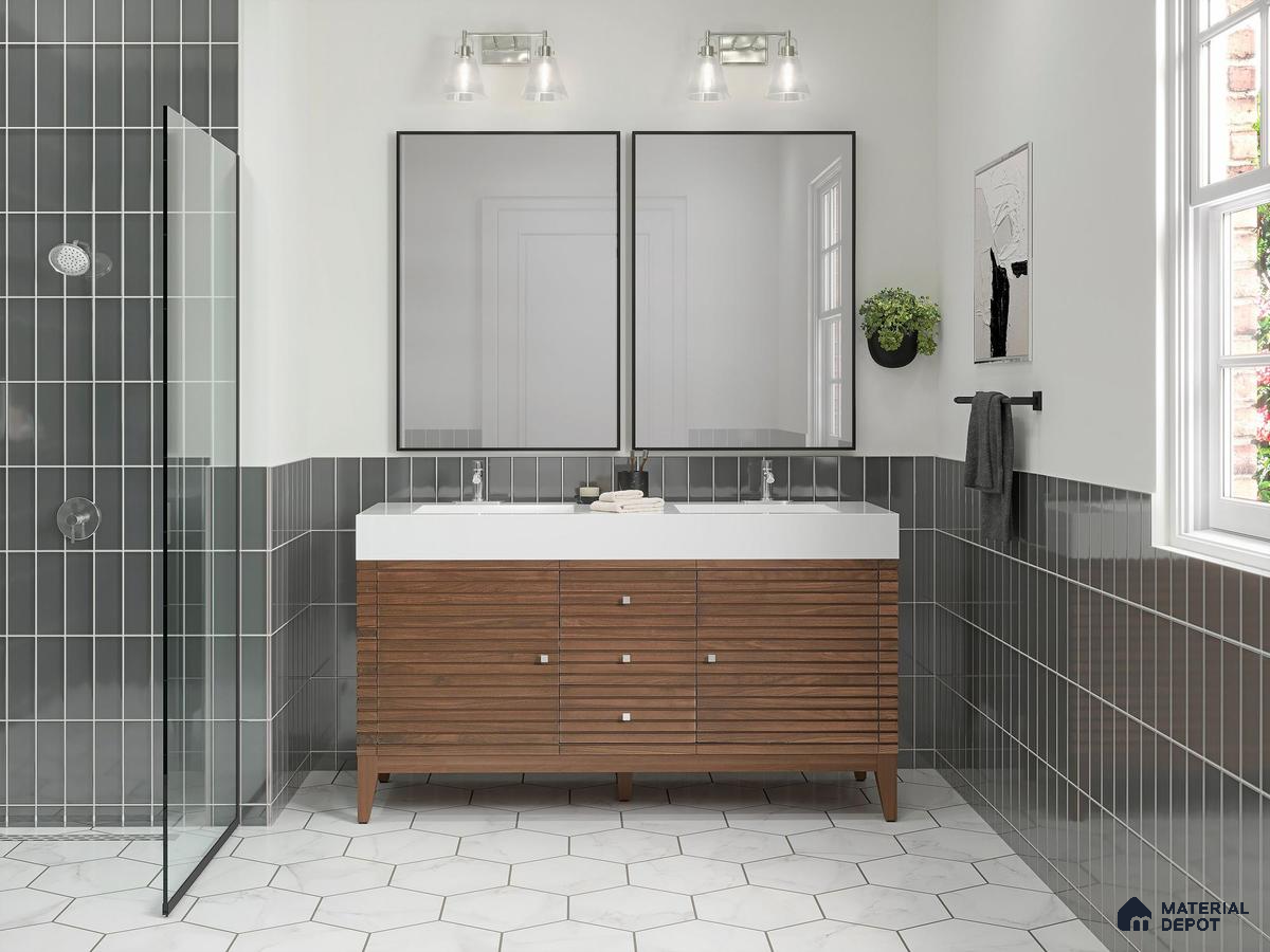Bathroom with grey hexagonal tiles and green stone wall tiles