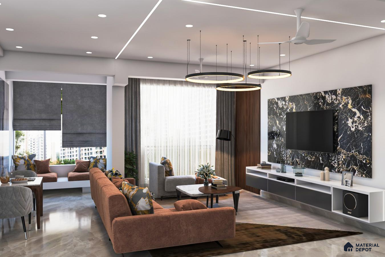 Chic minimal glam living room with L-shaped sofa and sleek LED panel
