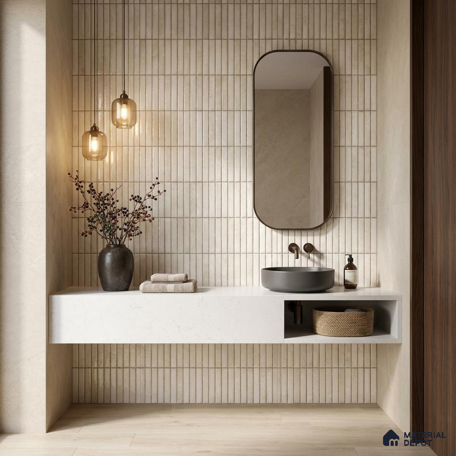 Minimalist bathroom with beige kitkat wall tiles and white quartz floating vanity