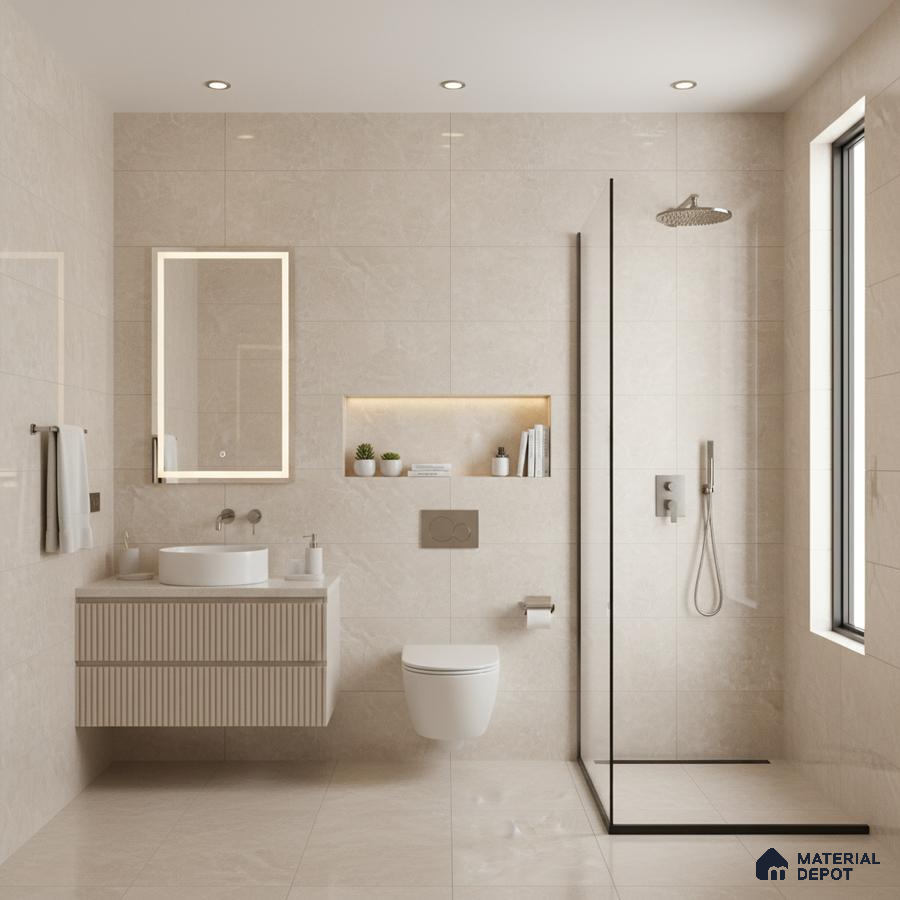 Minimalist bathroom with beige marble-look tiles and fluted vanity | Material Depot