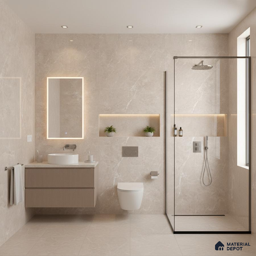 Minimalist bathroom with beige marble-look tiles and fluted wood vanity | Material Depot