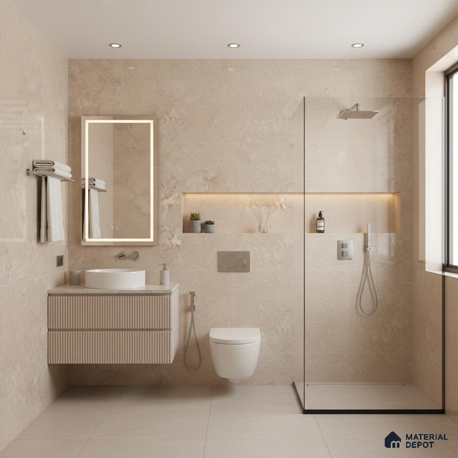 Minimalist bathroom with beige marble-look wall tiles, fluted vanity, and large format floor tiles | Material Depot
