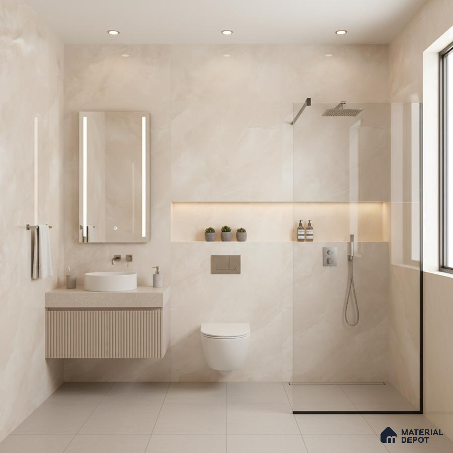 Minimalist bathroom with beige marble-look wall tiles, fluted vanity, and matte beige floor tiles | Material Depot