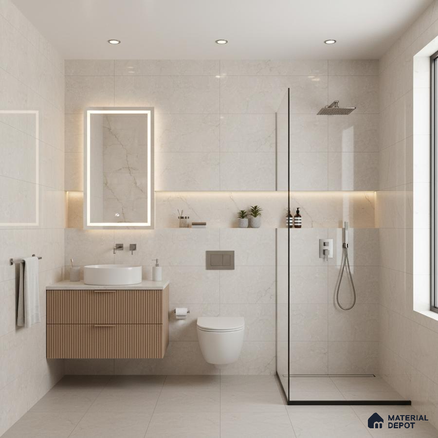 Minimalist bathroom with beige marble-look wall tiles, fluted wood vanity, and glass shower partition | Material Depot