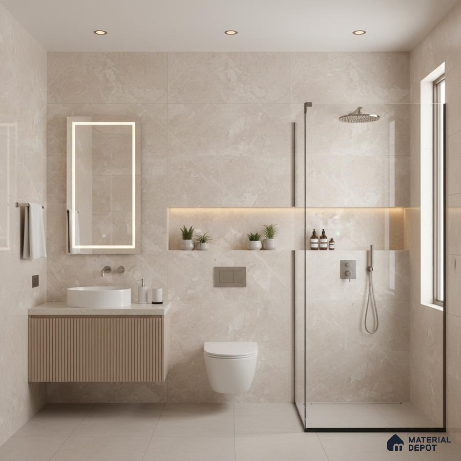 Minimalist bathroom with beige marble-look wall tiles, fluted wood vanity, and glass shower partition | Material Depot