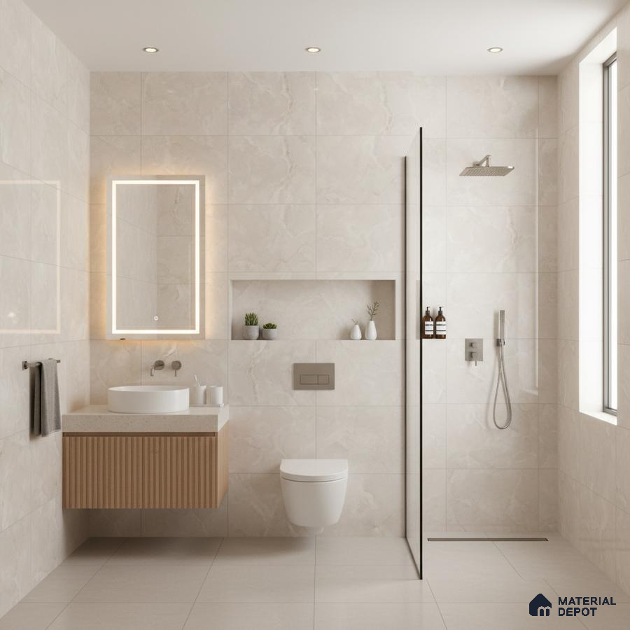 Minimalist bathroom with beige marble-look wall tiles, fluted wood vanity, and large format floor tiles | Material Depot
